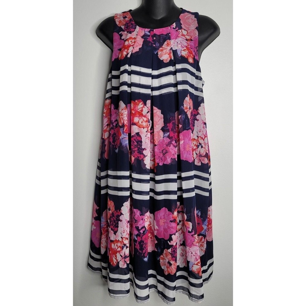 Vince Camuto Womens Dress Small Blue Pink Stripe Floral Print Pleat Sleeveless